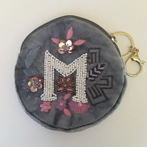 WOMEN'S 5" BEADED & EMBROIDERED COIN & MAKEUP MINI PURSE ZIPPER CLOSURE LETTER M